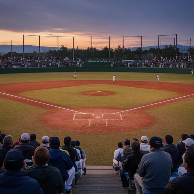 青森県内の野球場で夕方の試合を見守る観客と内野グラウンド